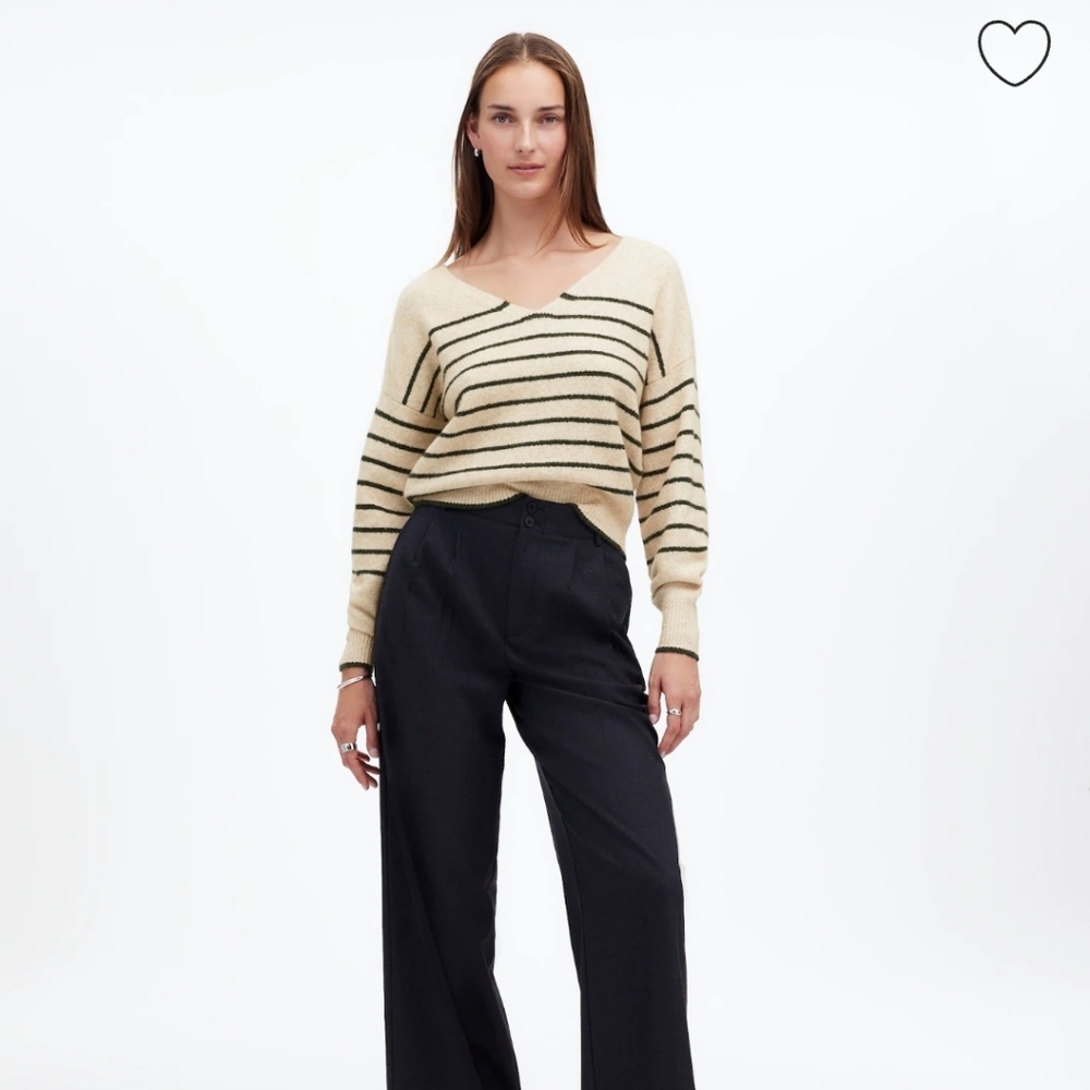 Madewell Wedged V-Neck Sweater NT588 Green Stripes Size XXS Olive Cream